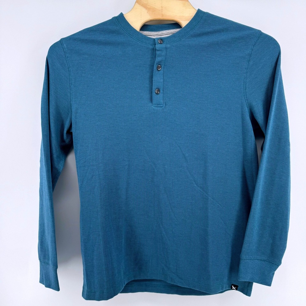 Eddie Bauer Mens Henley Shirt Large Blue Waffle Knit Thermal Long Sleeve Cotton - Picture 2 of 7